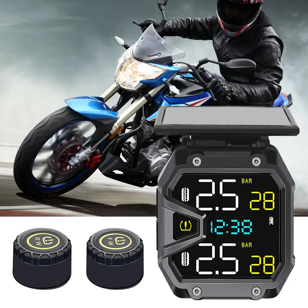 Motorcycle TPMS Real-Time Bike Air Pressure Monitor QC3.0 Rapid Charging Solar Power Tire Pressure Monitor for Emergencies Tool