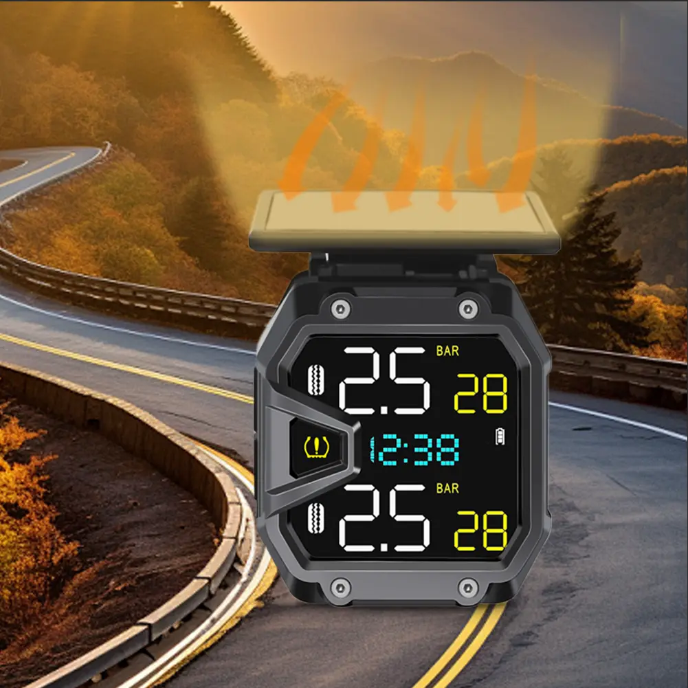 Motorcycle TPMS Real-Time Bike Air Pressure Monitor QC3.0 Rapid Charging Solar Power Tire Pressure Monitor for Emergencies Tool