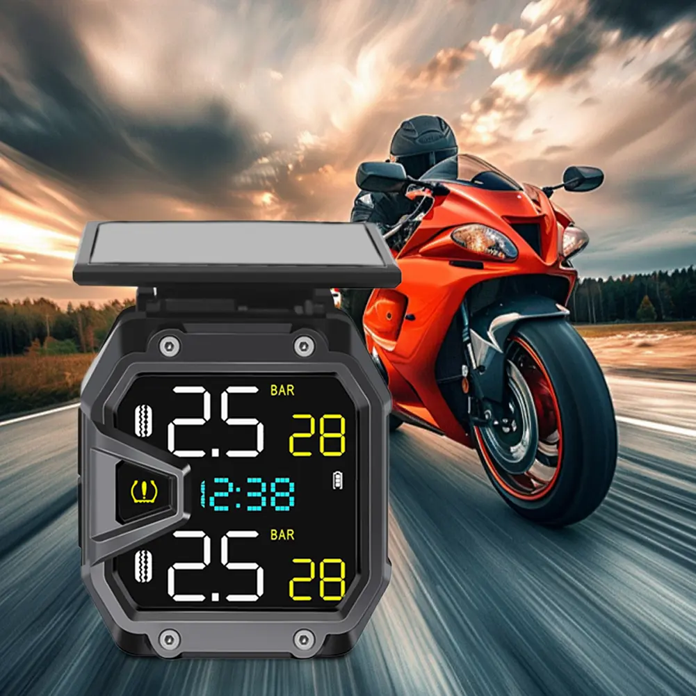 Motorcycle TPMS Real-Time Bike Air Pressure Monitor QC3.0 Rapid Charging Solar Power Tire Pressure Monitor for Emergencies Tool