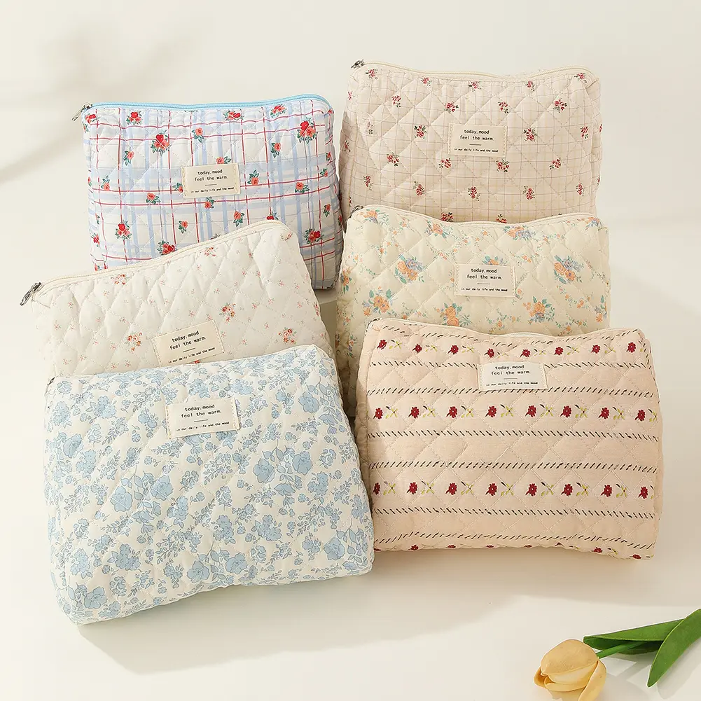 3Pcs Quilted Makeup Bag Printed Women Padded Organizer Bag Large Capacity Zipper Closure Girls Cotton Storage Bag Set