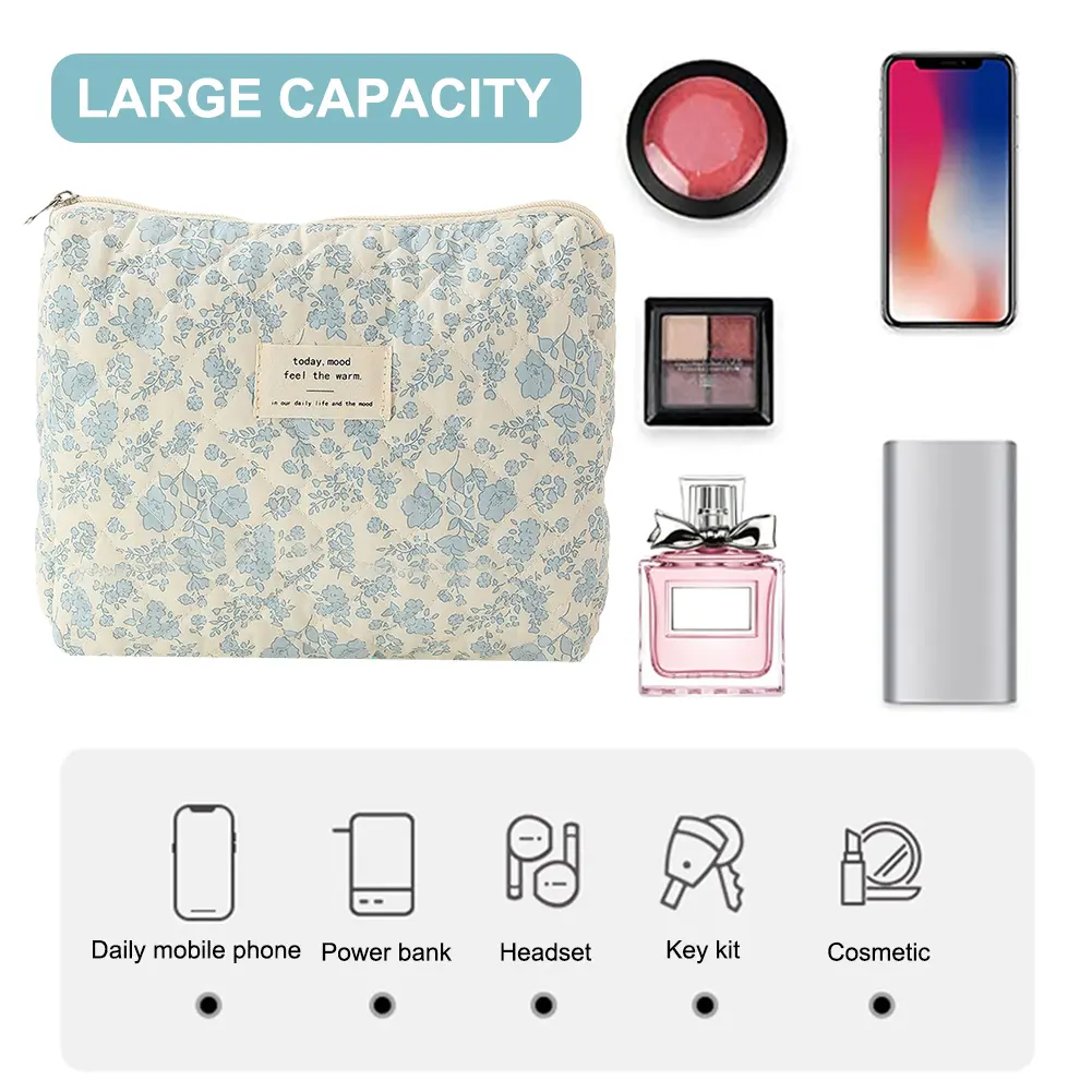 3Pcs Quilted Makeup Bag Printed Women Padded Organizer Bag Large Capacity Zipper Closure Girls Cotton Storage Bag Set