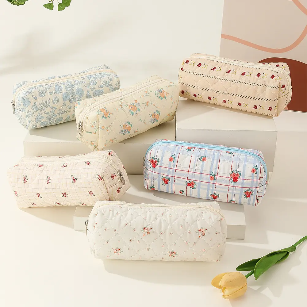3Pcs Quilted Makeup Bag Printed Women Padded Organizer Bag Large Capacity Zipper Closure Girls Cotton Storage Bag Set
