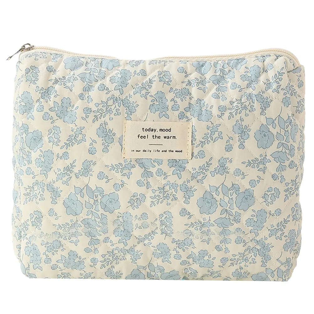 3Pcs Quilted Makeup Bag Printed Women Padded Organizer Bag Large Capacity Zipper Closure Girls Cotton Storage Bag Set
