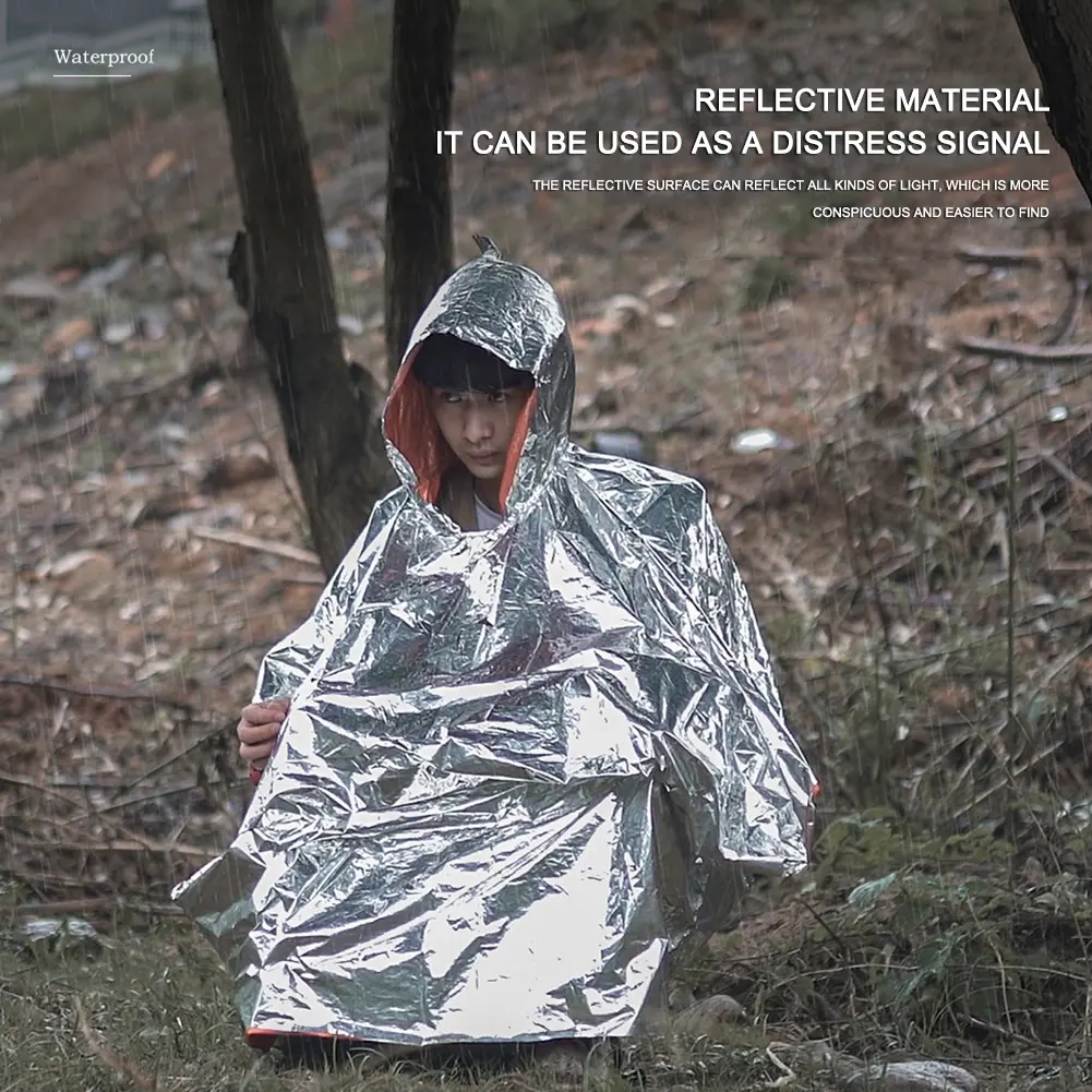 Emergency Raincoat Waterproof Survival Space Blanket Reflective Camping Raincoat PE Aluminum Film Outdoor Camping Survival Gear