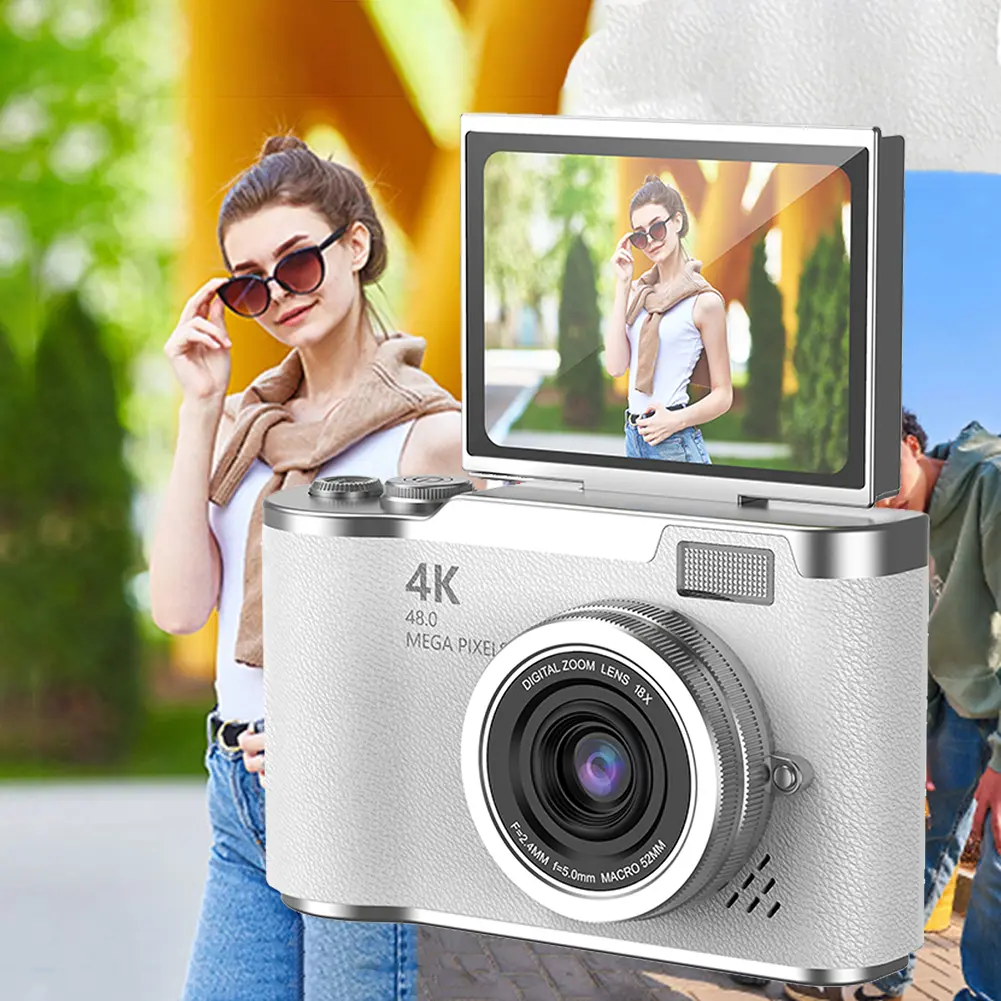 4K Digital Camera 48MP Portable CCD Camera 8X Zoom Vlogging Camera 180 Flip Screen Vintage Camera for Teens Adult Beginner