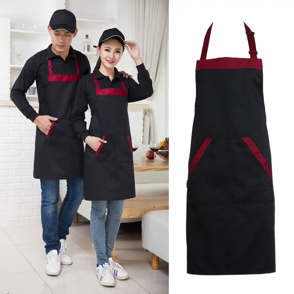 Halter Kitchen Apron with Tow Pockets Unisex Baking Cooking Aprons Adjustable Bib Soft Polyester Waterproof Restaurant Uniform