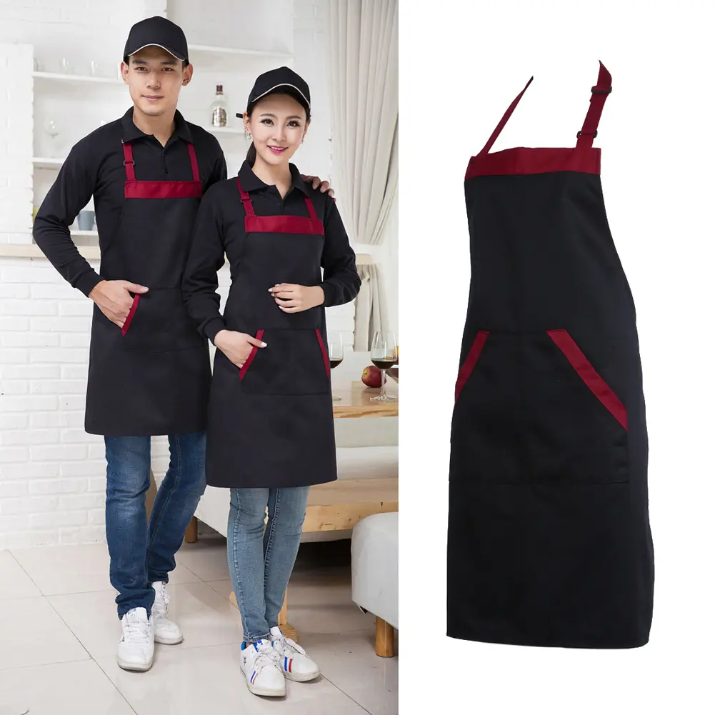 Halter Kitchen Apron with Tow Pockets Unisex Baking Cooking Aprons Adjustable Bib Soft Polyester Waterproof Restaurant Uniform