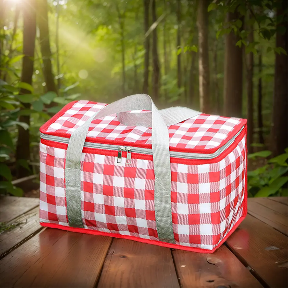 Checkered Picnic Bag Large Capacity Camping Storage Bag Cold Protection Portable Ice Pack Bag Waterproof for Camping Picnic