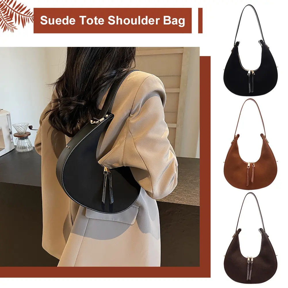 Women Faux Suede Shoulder Bag Fashion Underarm Bag Zip Closure Small Tote Bag Adjustable Strap Top Handle Bag Outdoor Travel Bag