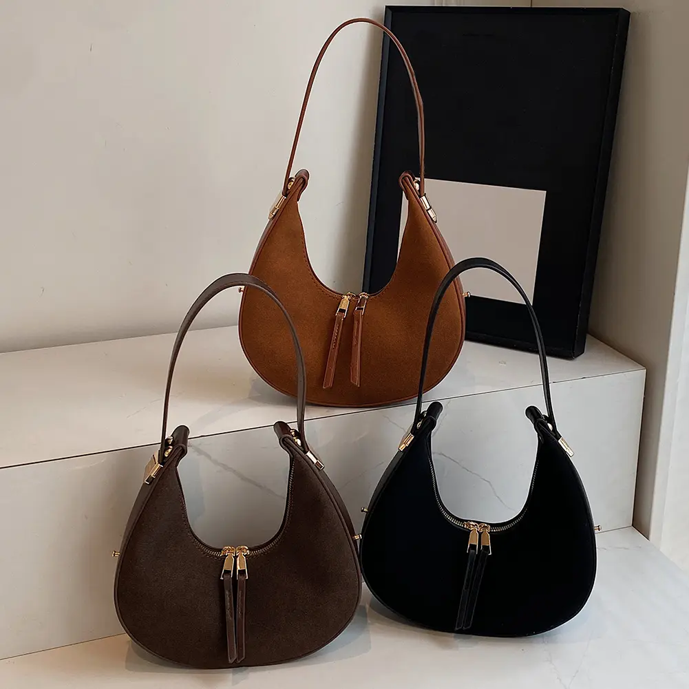 Women Faux Suede Shoulder Bag Fashion Underarm Bag Zip Closure Small Tote Bag Adjustable Strap Top Handle Bag Outdoor Travel Bag