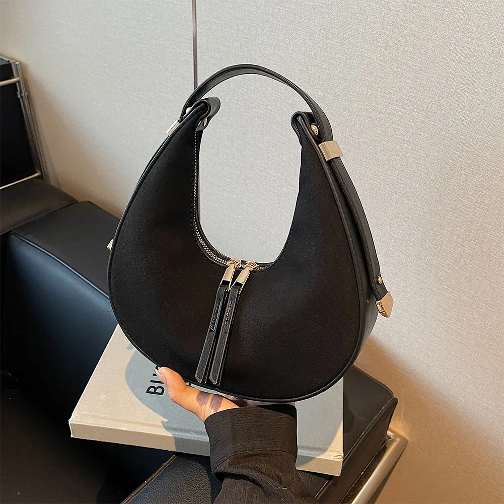 Women Faux Suede Shoulder Bag Fashion Underarm Bag Zip Closure Small Tote Bag Adjustable Strap Top Handle Bag Outdoor Travel Bag
