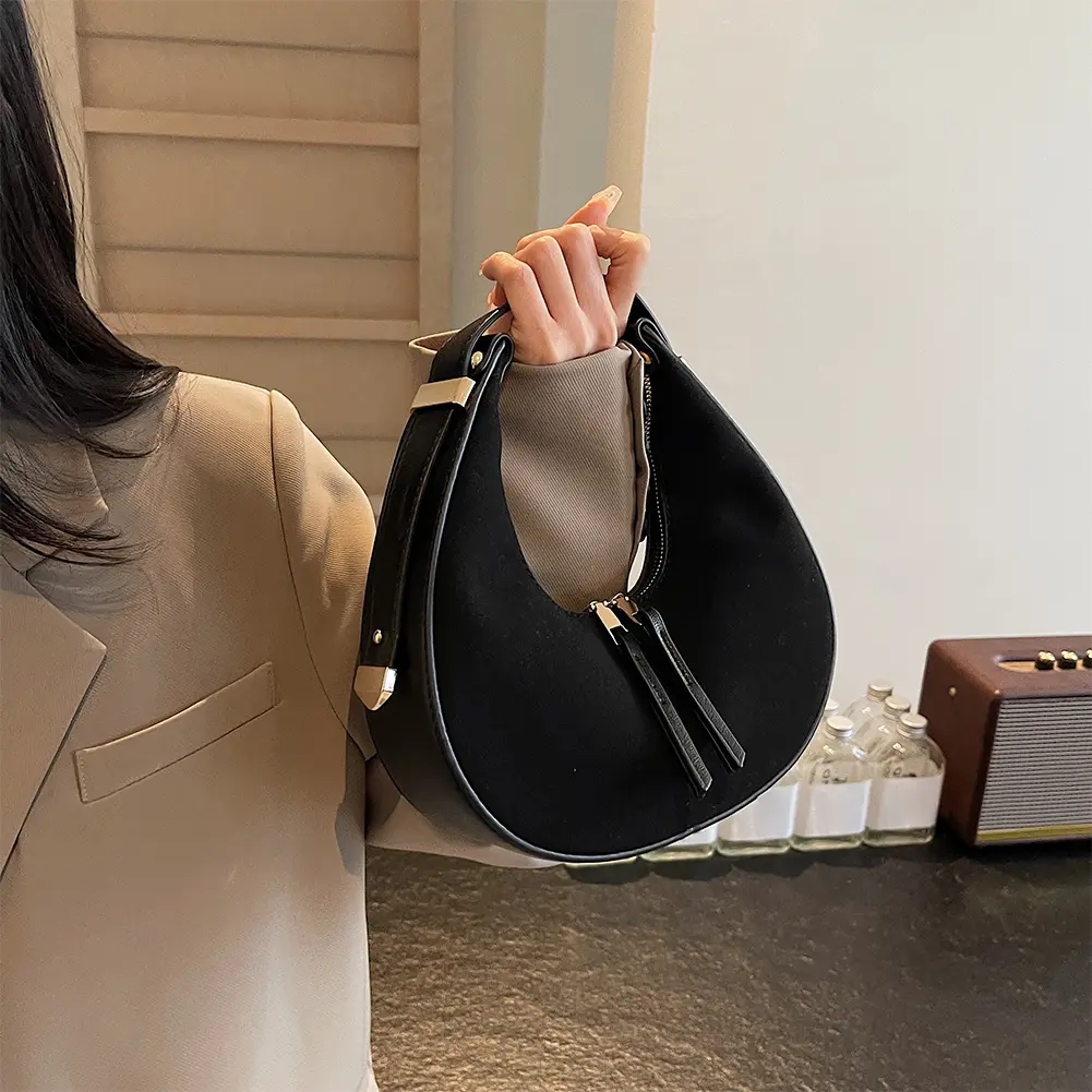 Women Faux Suede Shoulder Bag Fashion Underarm Bag Zip Closure Small Tote Bag Adjustable Strap Top Handle Bag Outdoor Travel Bag