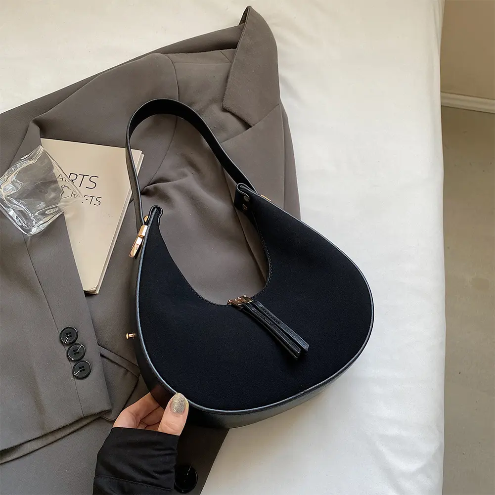 Women Faux Suede Shoulder Bag Fashion Underarm Bag Zip Closure Small Tote Bag Adjustable Strap Top Handle Bag Outdoor Travel Bag