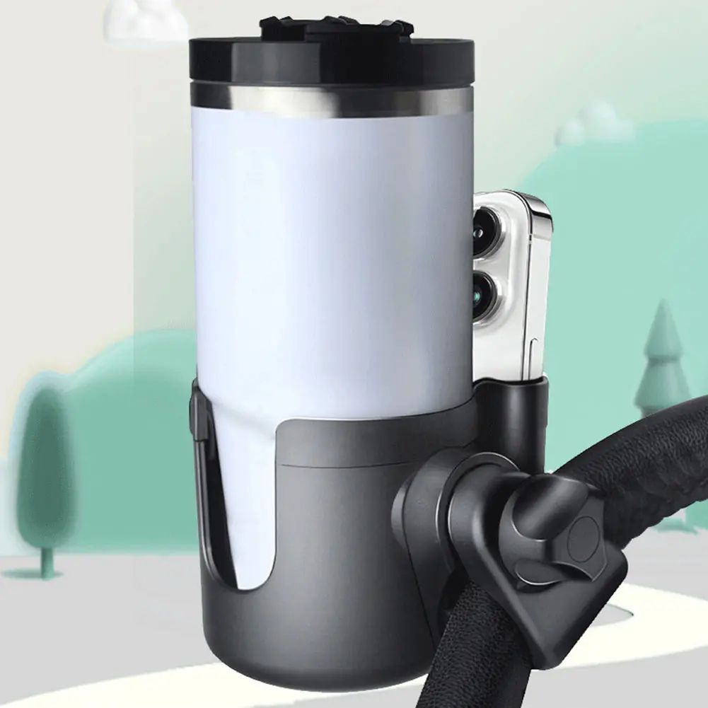 2-in-1 Stroller Cup Holder with Phone Holder Pram Cup Holders 360° Rotatable Childrens Stroller Bottle Holders Cup Phone Holder