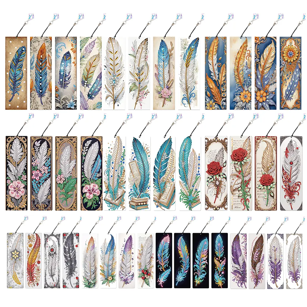 4Pcs Special Shape Beautiful Feathers 5D DIY Diamond Painting Bookmark Diamond Art Bookmark with Pendant for Adults Beginners