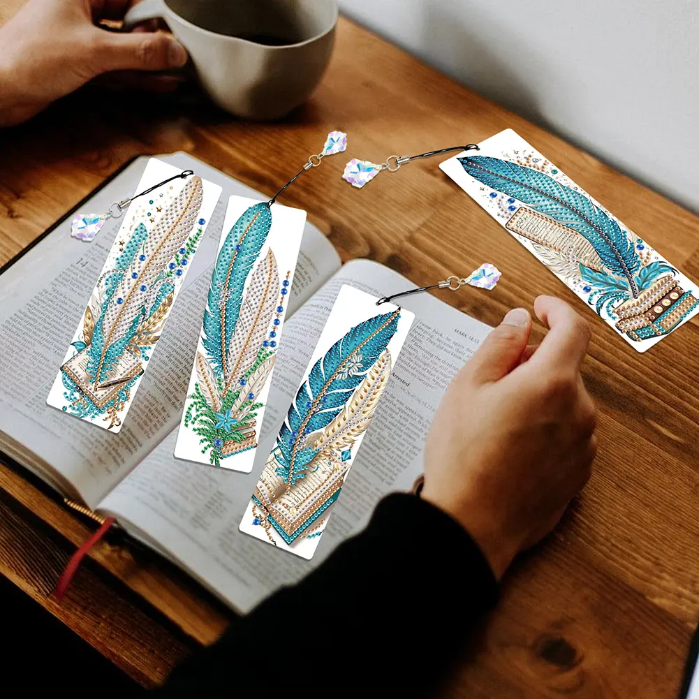 4Pcs Special Shape Beautiful Feathers 5D DIY Diamond Painting Bookmark Diamond Art Bookmark with Pendant for Adults Beginners