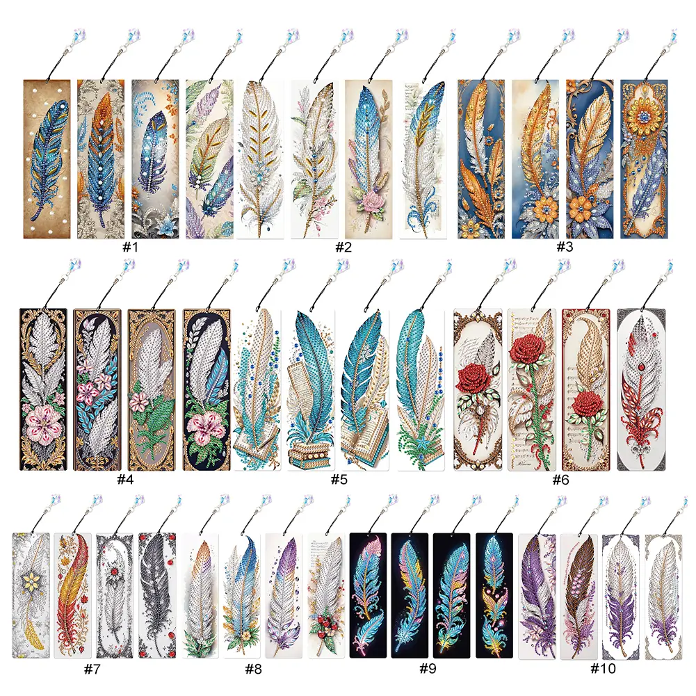 4Pcs Special Shape Beautiful Feathers 5D DIY Diamond Painting Bookmark Diamond Art Bookmark with Pendant for Adults Beginners