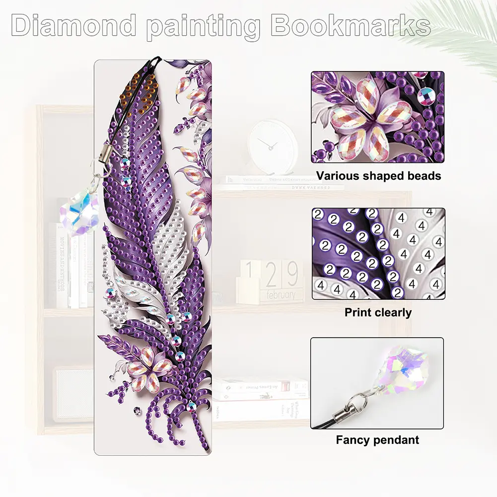4Pcs Special Shape Beautiful Feathers 5D DIY Diamond Painting Bookmark Diamond Art Bookmark with Pendant for Adults Beginners