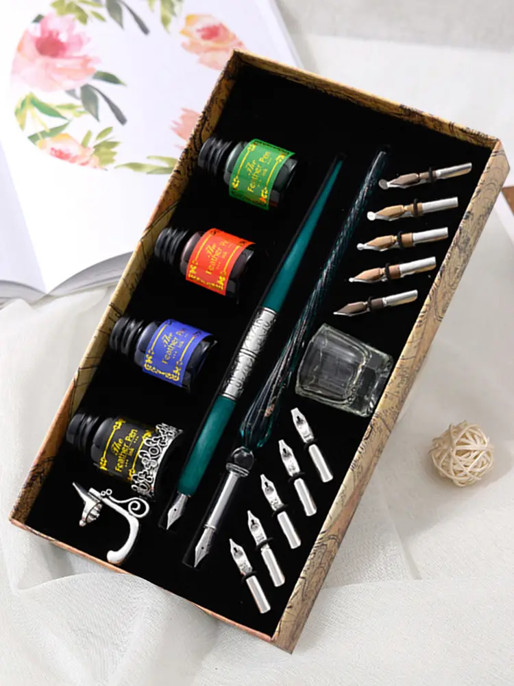 Dip Pen Set Retro Star Starry Sky Glass Fountain Student English Ink Calligraphy Pen Birthday Stationery Gift