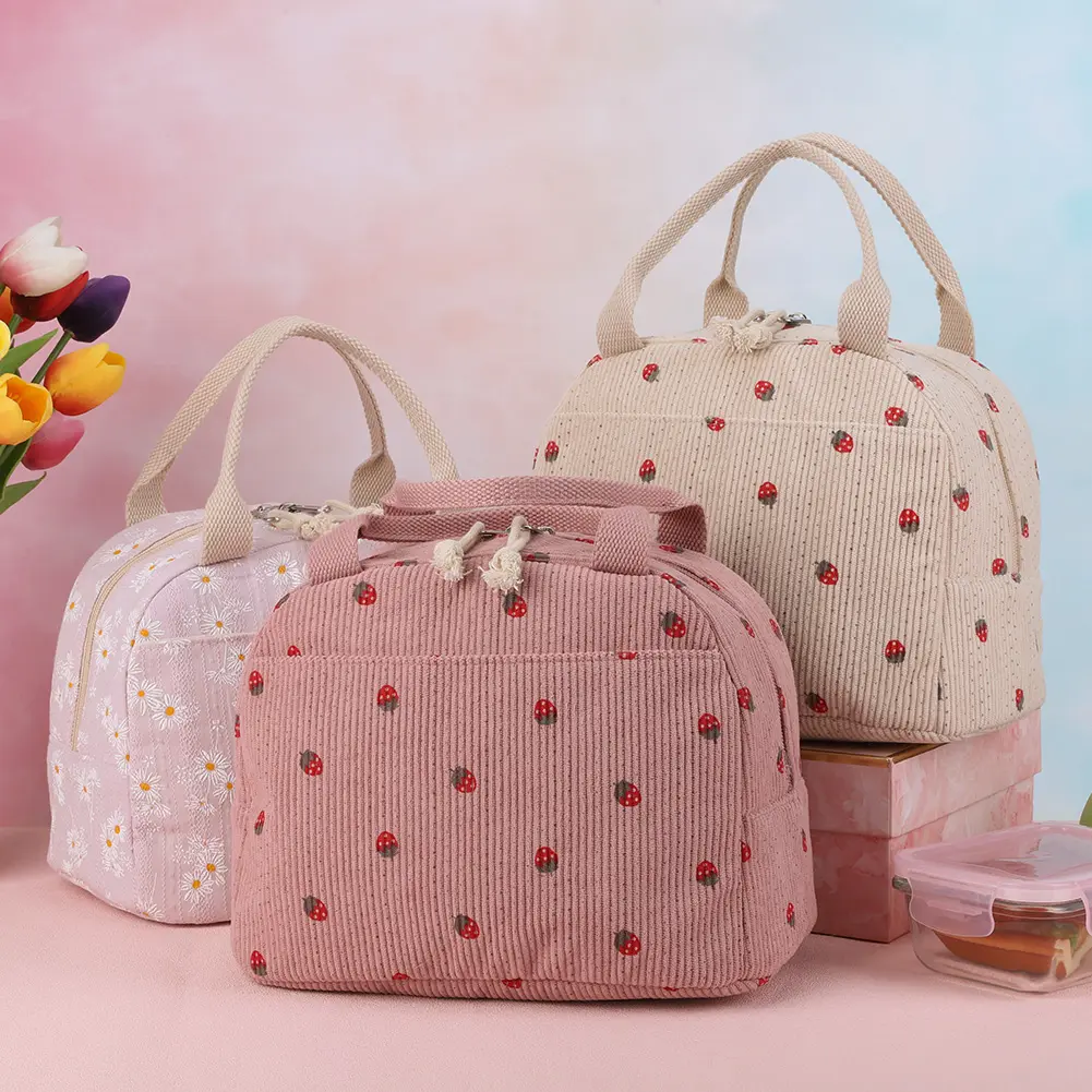 Strawberry/Daisy Corduroy Lunch Tote Bag Large Capacity Thermal Bento Bag Multi-Function Insulated Lunch Bag for Camping Picnic