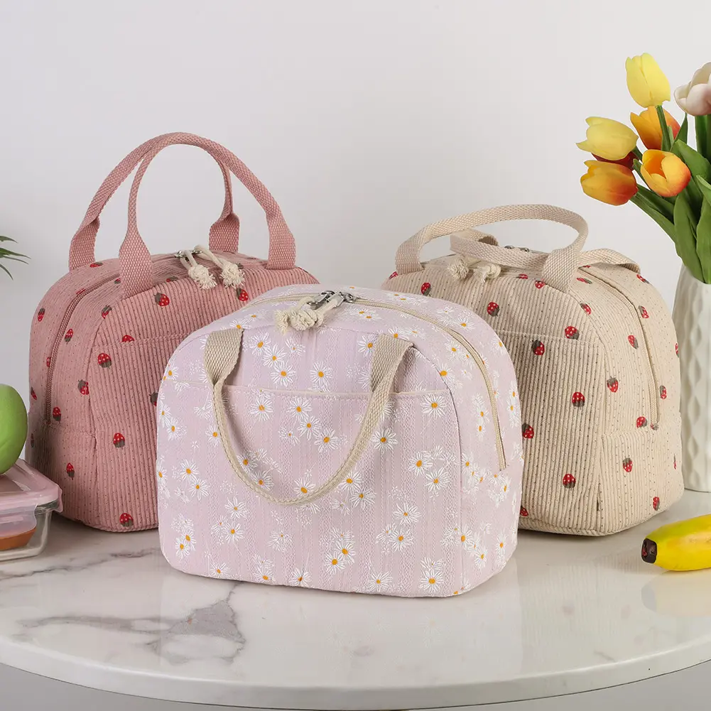 Strawberry/Daisy Corduroy Lunch Tote Bag Large Capacity Thermal Bento Bag Multi-Function Insulated Lunch Bag for Camping Picnic
