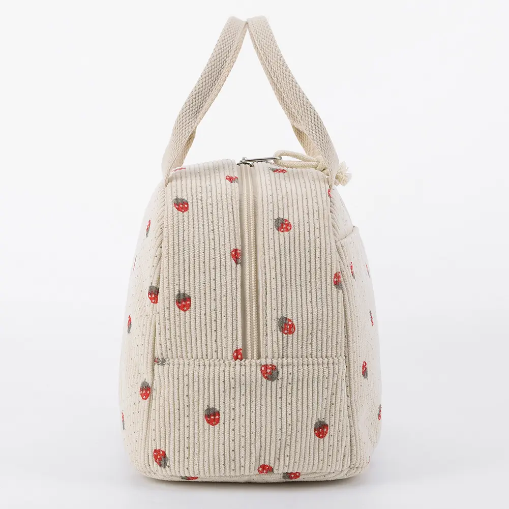 Strawberry/Daisy Corduroy Lunch Tote Bag Large Capacity Thermal Bento Bag Multi-Function Insulated Lunch Bag for Camping Picnic