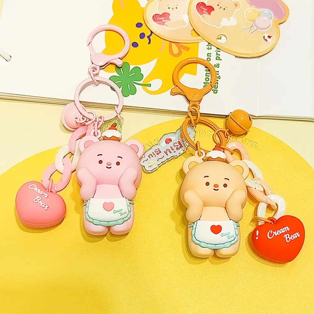 Cute Bear Keychain Anime Bear Keychain Soft Cartoon Bear Pendant with Heart & Bell Adorable Bear Toy for Handbag Backpack