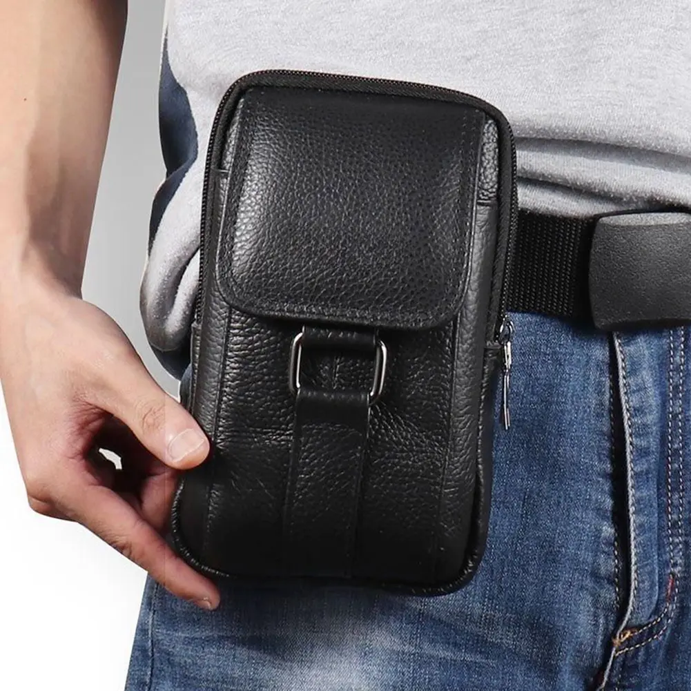 Portable Fanny Pack Waist Bag Cowhide Leather Cell Phone Belt Pack Fashion Multi-pockets Casual for Outdoor Sport