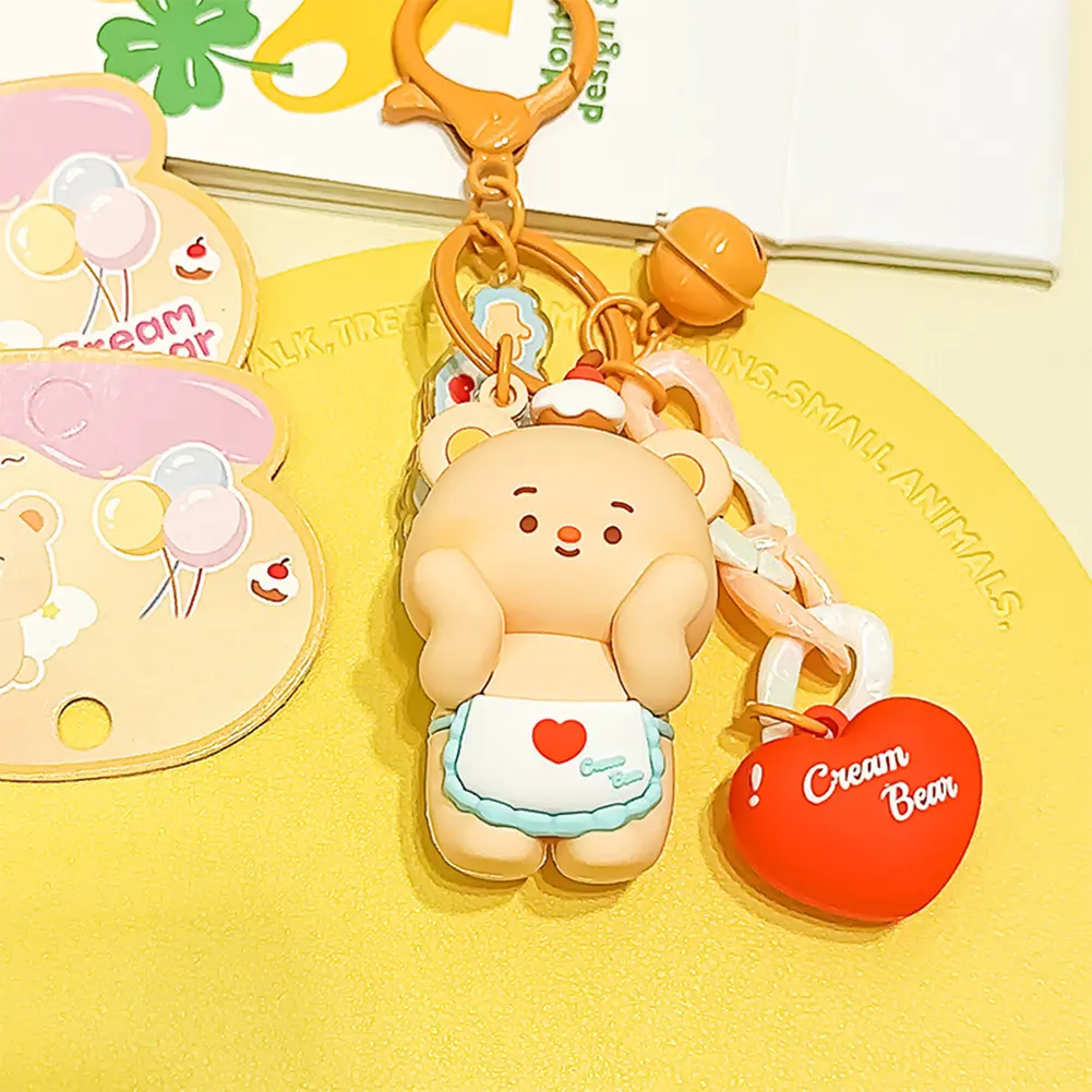Cute Bear Keychain Anime Bear Keychain Soft Cartoon Bear Pendant with Heart & Bell Adorable Bear Toy for Handbag Backpack