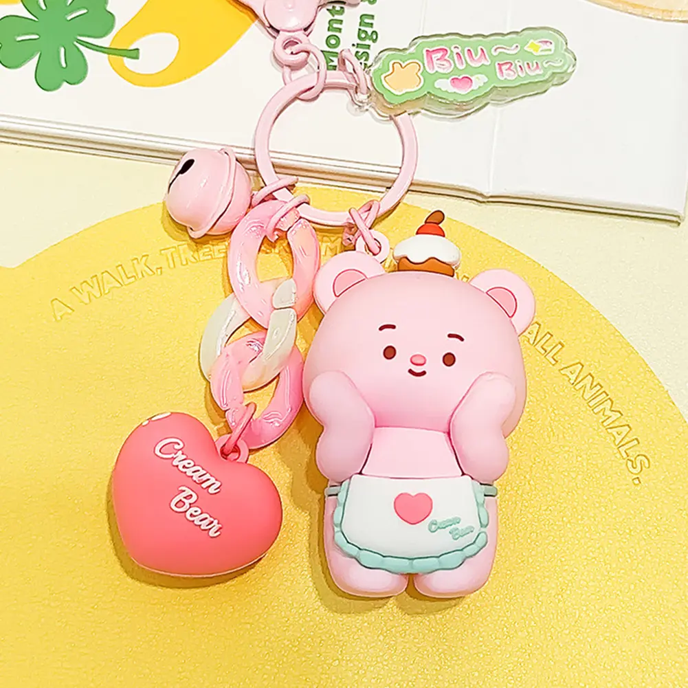 Cute Bear Keychain Anime Bear Keychain Soft Cartoon Bear Pendant with Heart & Bell Adorable Bear Toy for Handbag Backpack