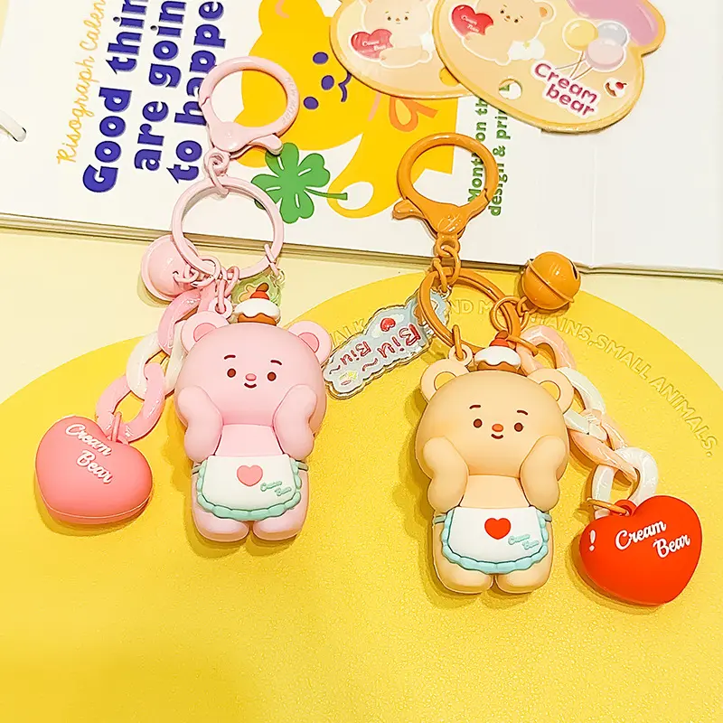 Cute Bear Keychain Anime Bear Keychain Soft Cartoon Bear Pendant with Heart & Bell Adorable Bear Toy for Handbag Backpack
