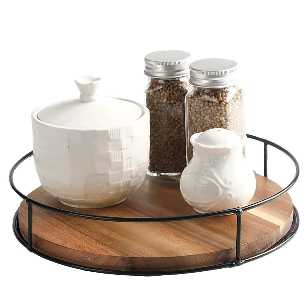 360 Degree Rotating Countertop Storage Rack Versatile Condiment Organizer Round Wooden for Home Kitchen Pantry