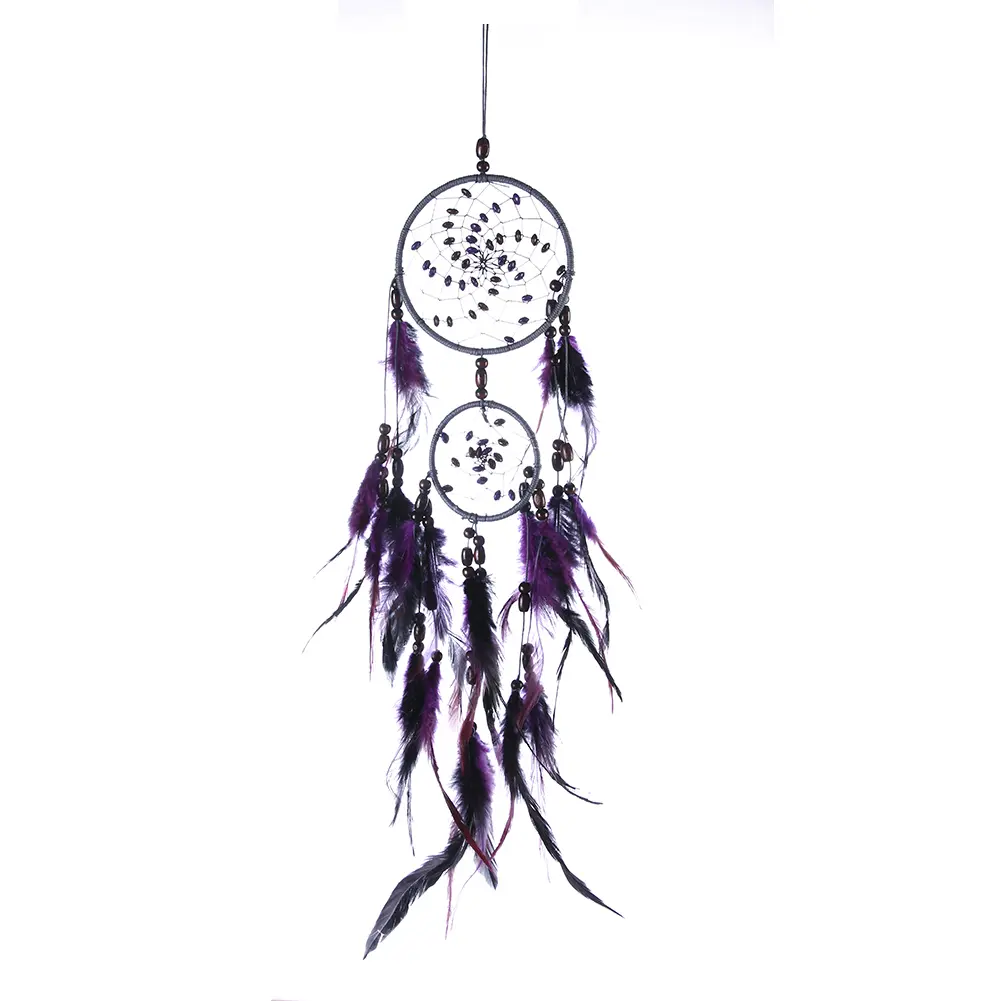 Purple Feather Dream Catcher Pendant Hand-woven Wall Decor Pendant Two-ring Art Crafts Romantic Creative for Girlfriend Gift
