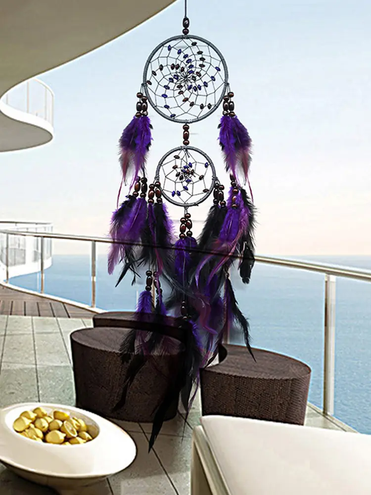 Purple Feather Dream Catcher Pendant Hand-woven Wall Decor Pendant Two-ring Art Crafts Romantic Creative for Girlfriend Gift