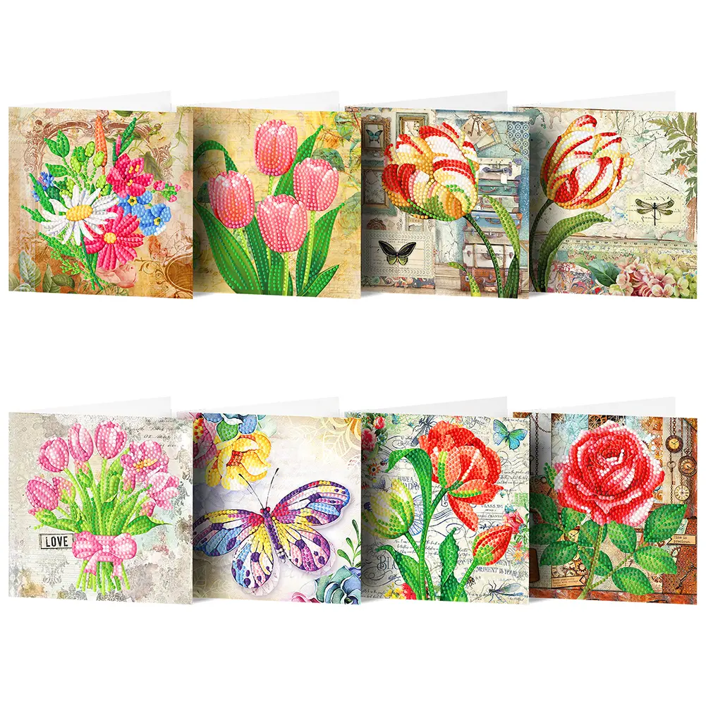 8pcs Crystal Diamond Anniversary Postcards Arts Craft DIY Partial Special Shaped Drill Postcards Romantic Flower Creative