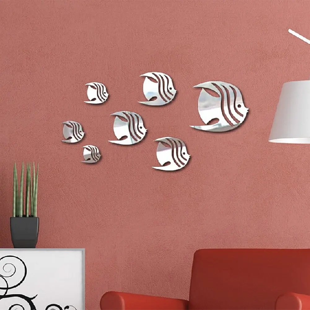 7pcs Mirror Wall Stickers Self-adhesive Sea Fish Mirror Sticker Waterproof Acrylic Wall Decals for Home Living Room Bedroom