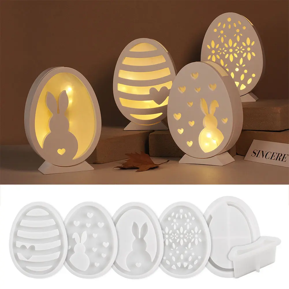 2/3/4/6/8pcs Hollow Easter Egg Rabbit Lamp Silicone Mold DIY Silhouette Gypsum Candle Base Plaster Mold for Home Decoration