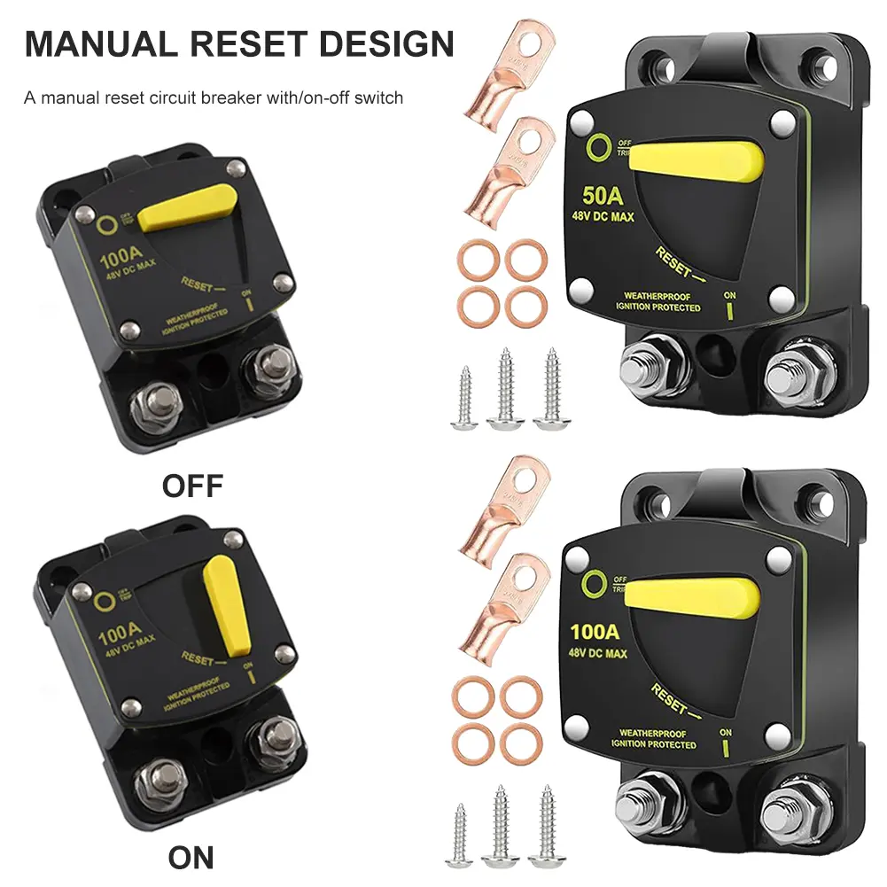 48V Car Circuit Breaker W/Manual Reset 50A/100A High Amp Circuit Breaker for Car Audio RV Electronic Battery Solar System
