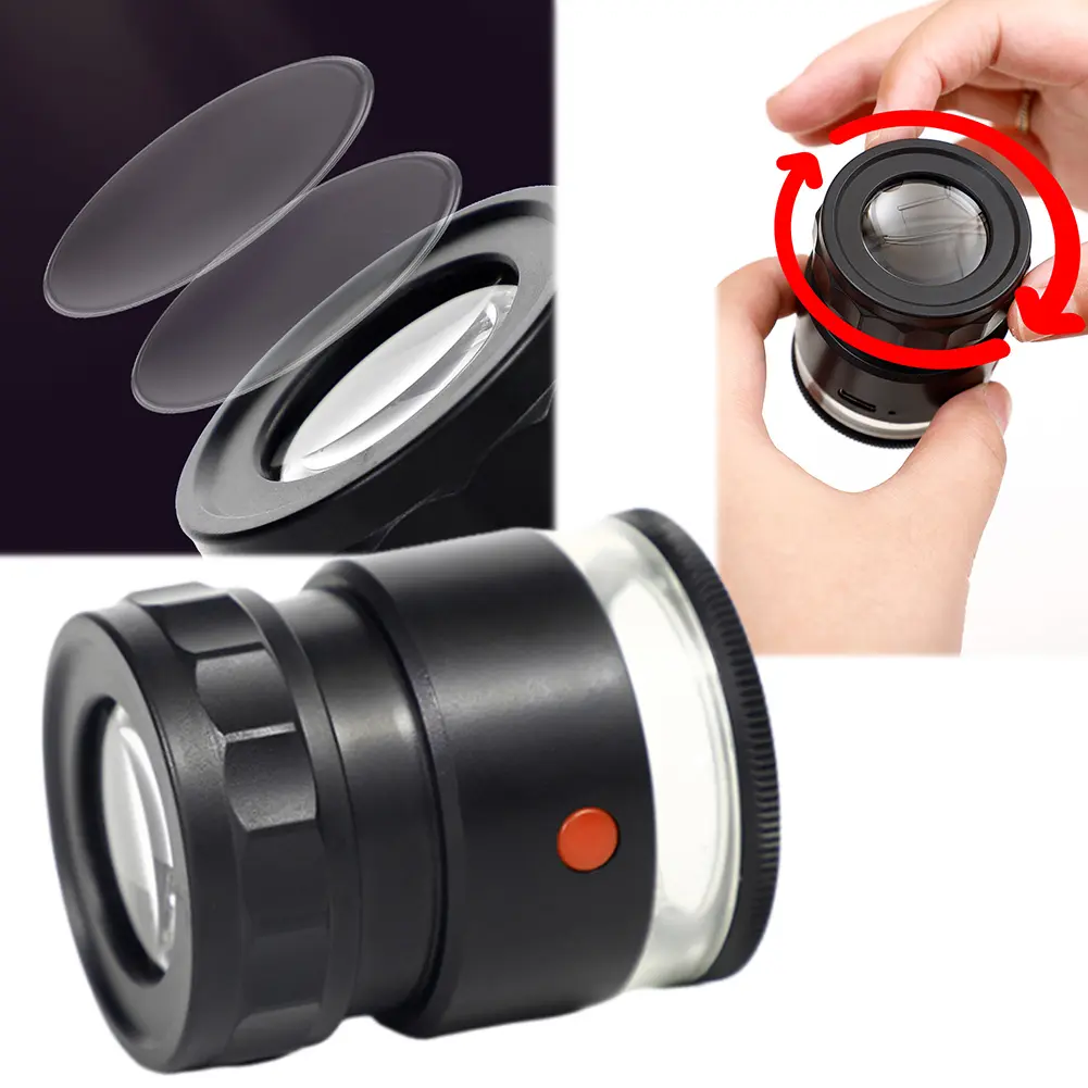 10X Cylinder Magnifier Auto Focus LED Luminous UV Illuminated Magnifying Glass for Jewellery Textile Coins Stamp Plate Gemstones