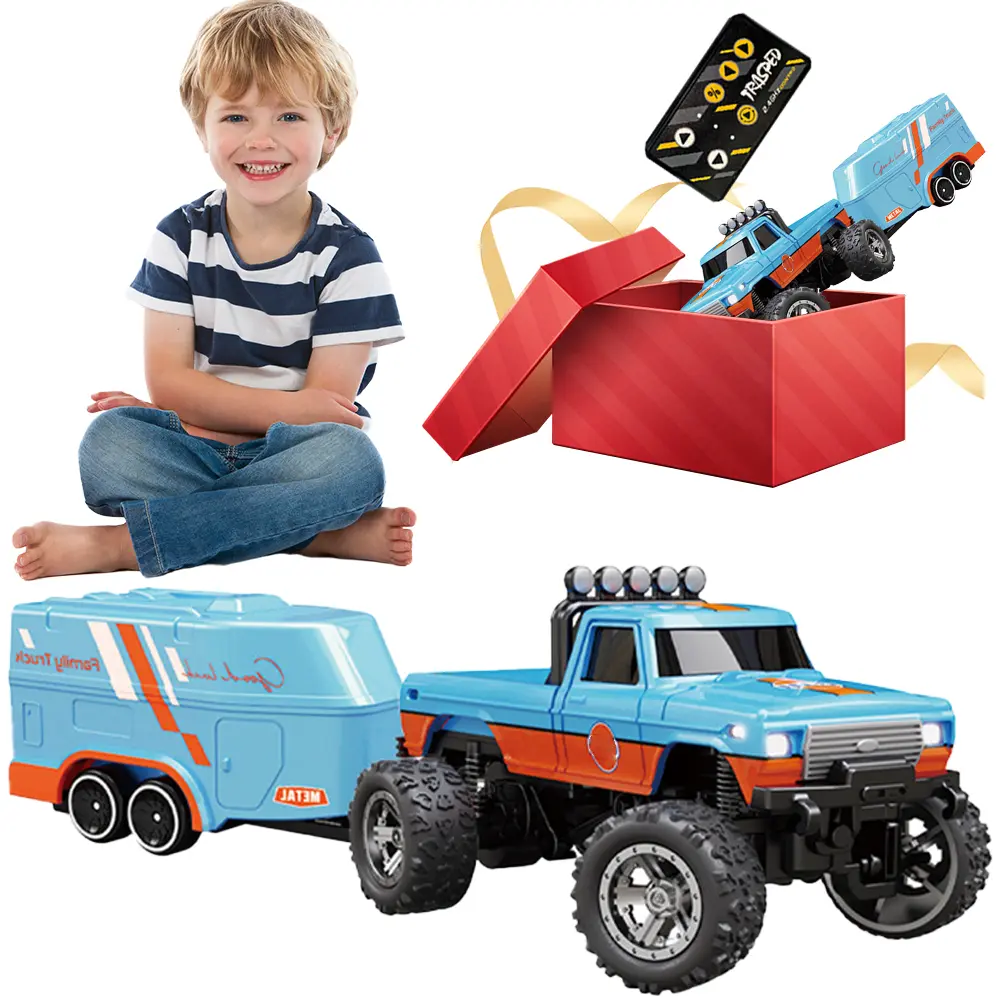 Mini RC Monster Truck with Lights & Trailer Mini Off-Road Climbing Car 2.4Ghz Remote Control USB-C Rechargeable for Kids Gifts