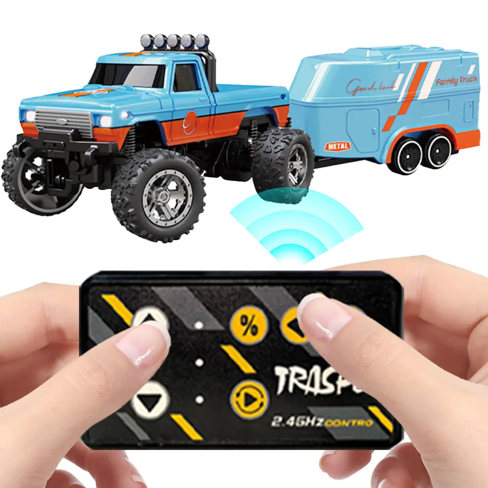Mini RC Monster Truck with Lights & Trailer Mini Off-Road Climbing Car 2.4Ghz Remote Control USB-C Rechargeable for Kids Gifts