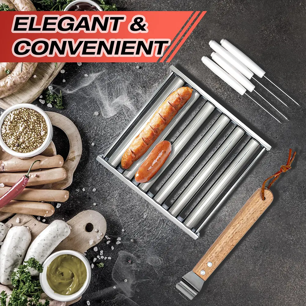 Hotdog Roller Grill W/ Extra Long Wood Handle BBQ Hot Dog Griller Sausage Corn Roller Home Kitchen Barbecue Grilling Accessories