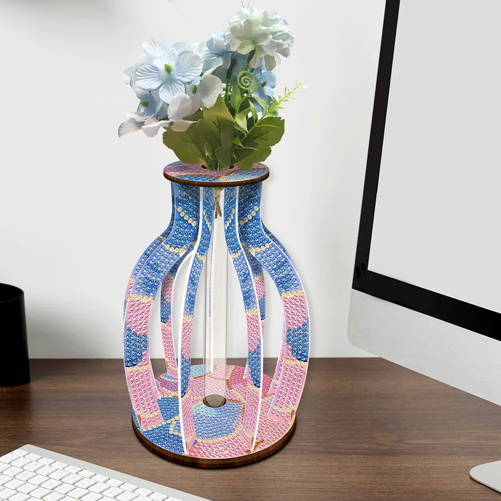 Wood Blue Pink Diamond Painting Home Decors 5D DIY Art Flower Vase Rhinestones Desktop Ornaments for Adults Beginner