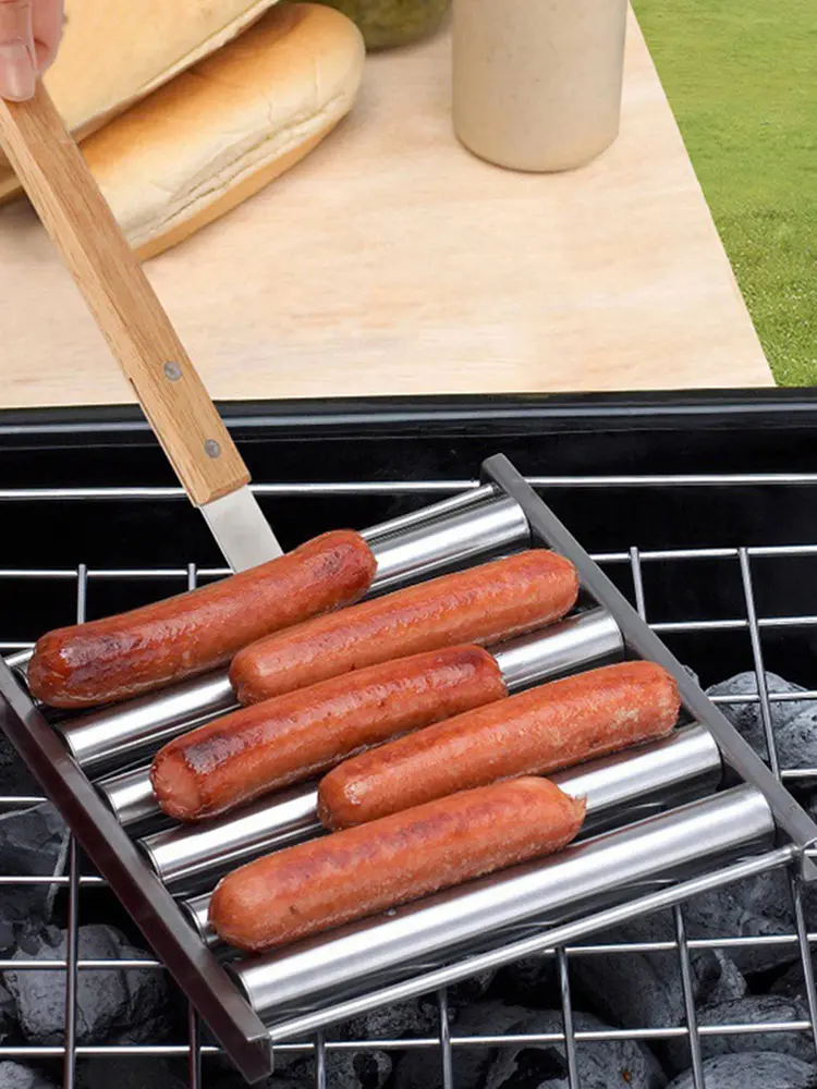 Hotdog Roller Grill W/ Extra Long Wood Handle BBQ Hot Dog Griller Sausage Corn Roller Home Kitchen Barbecue Grilling Accessories