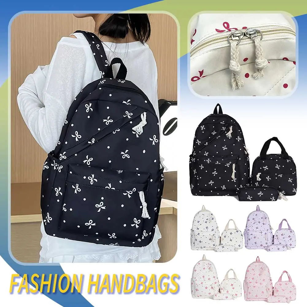 3-in-1 Bow Tie College School Backpack with Lunch Box and Pencil Case Cute Girl Backpacks Backpack Set for Teens Women Student