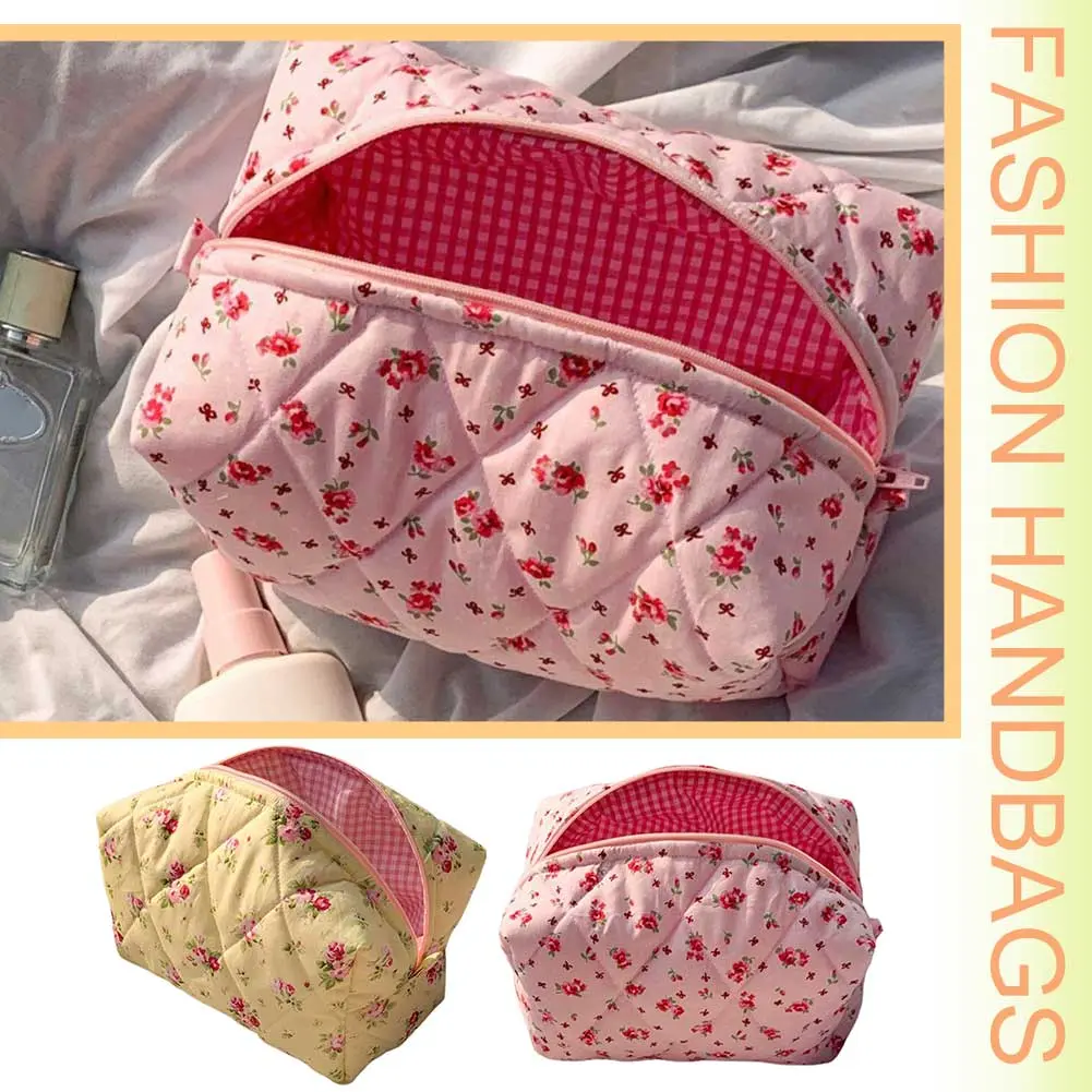 Cute Floral Makeup Bag Large Quilted Cosmetic Bag with Zipper Travel Makeup Pouch Soft Toiletry Bag for Women and Girls