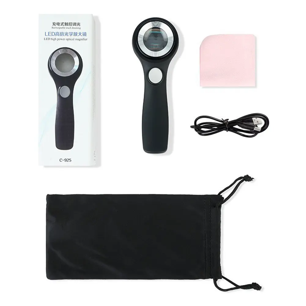 10X Handheld Magnifying Glass with USB Rechargeable LED Light Ideal for Reading Coins Jewelry Appraisal and Sewing Tasks