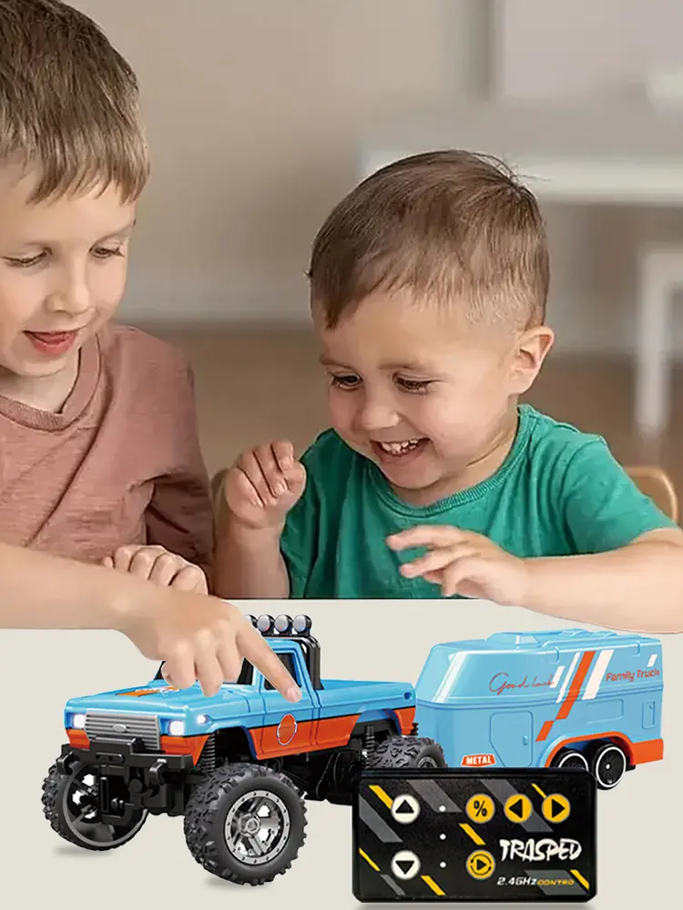 Remote Control Truck with Lights & Trailer All Terrain Off-Road Truck Toy 1:64 Scale Adjustable Speed/Steering Children Toy Gift