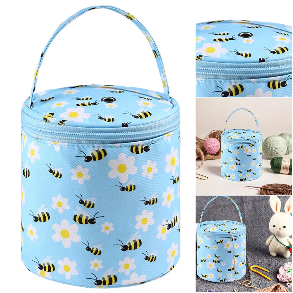 Oxford Crochet Bag Rose Pattern Knitting Bag with Handle Bucket Bag Short Perforated for Hooks Knitting Needles