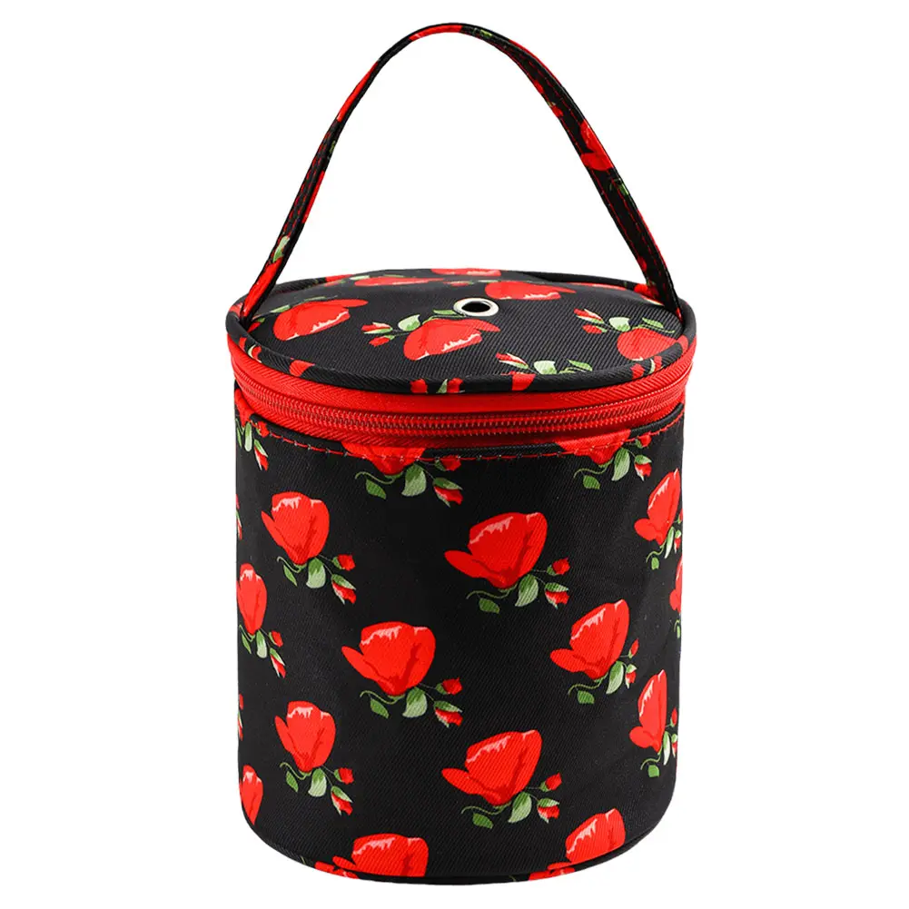 Oxford Crochet Bag Rose Pattern Knitting Bag with Handle Bucket Bag Short Perforated for Hooks Knitting Needles